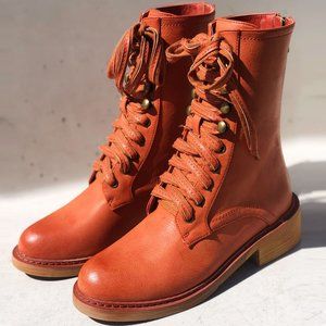 NEW Cognac Orange Laced Up Zipper Back Wooden Heel Mid Calf Ankle Combat Boots